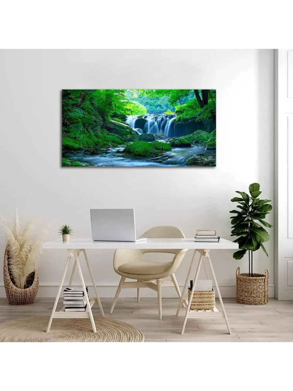 Calming Green Nature Landscape Canvas Art - Waterfall Wall Decor for Home
